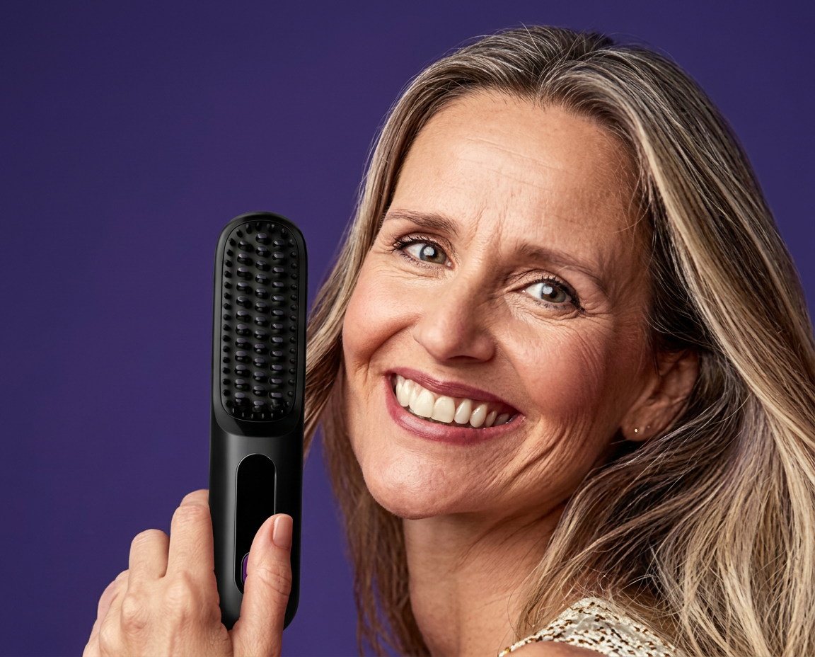 A smiling woman with blonde hair holds a black heated hairbrush.