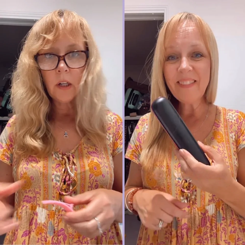 Two images of a woman in a floral dress holding a hair curler.