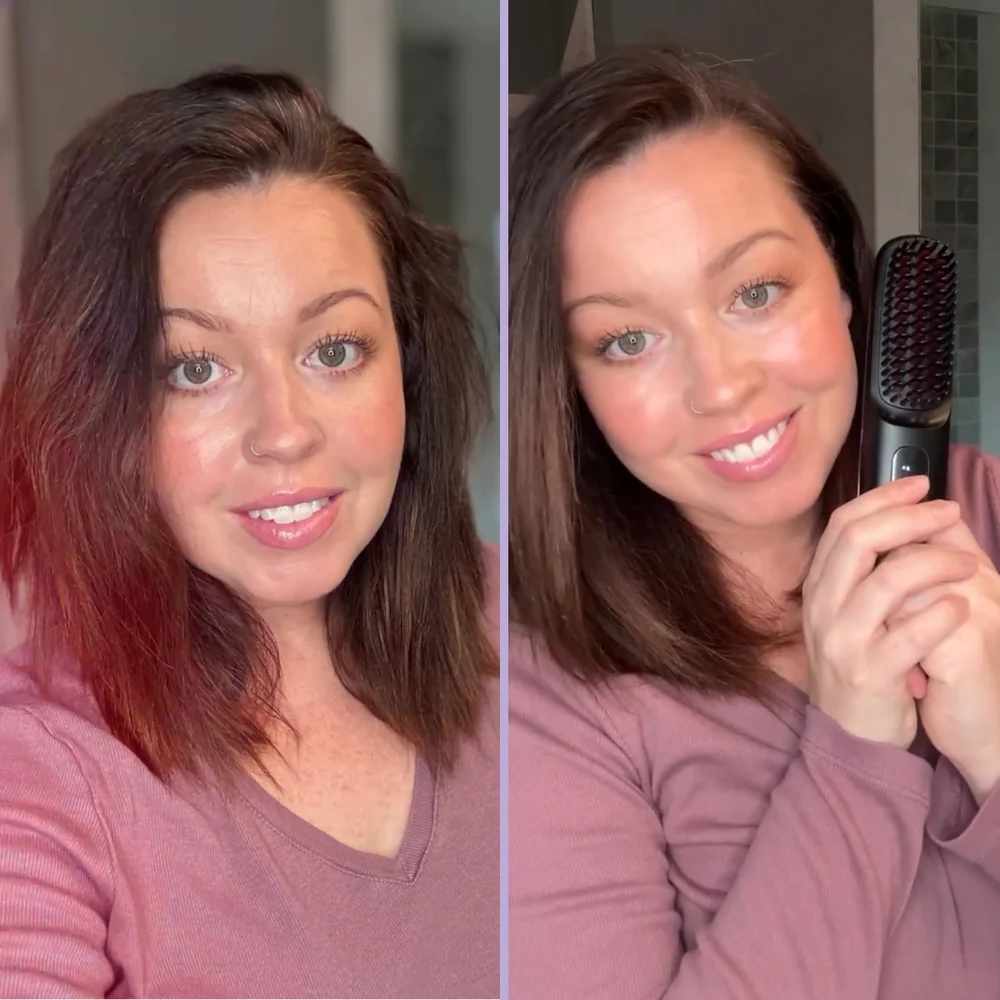 Side-by-side images of a woman holding a hair straightening brush.
