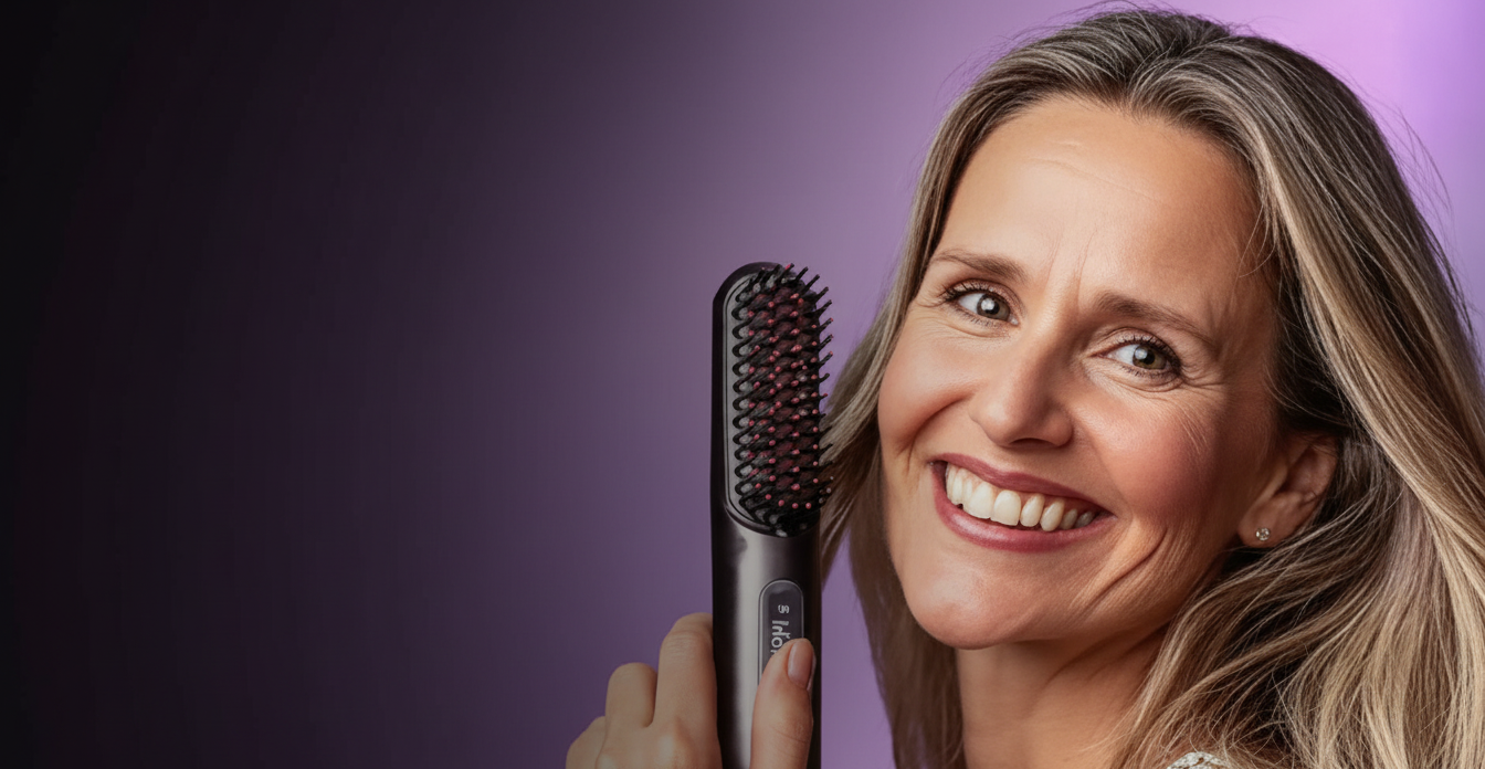 A smiling woman with blonde hair holds up a black heated styling brush against a purple background.