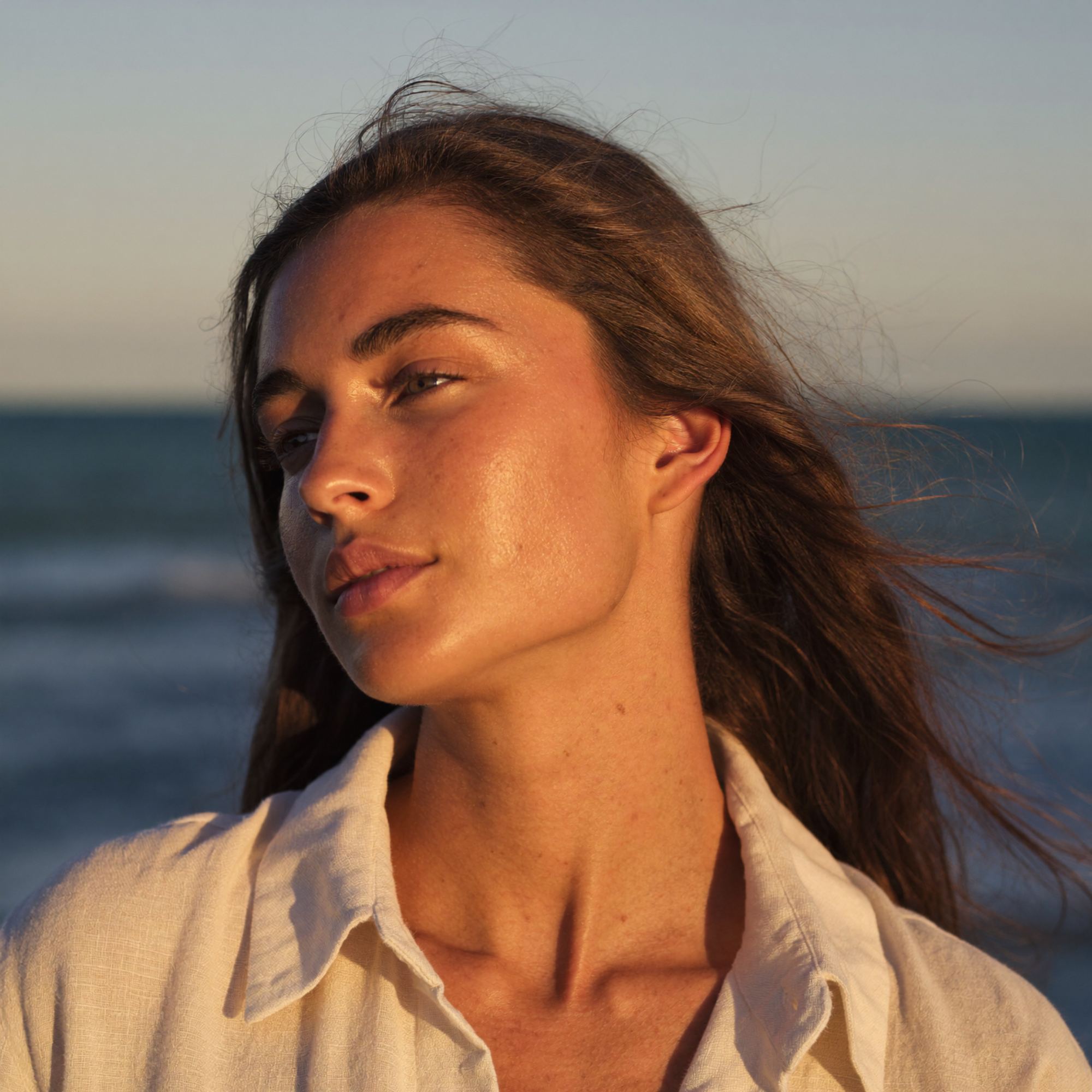 A woman bathed in golden sunlight looks to the side, with the ocean and sky behind her.