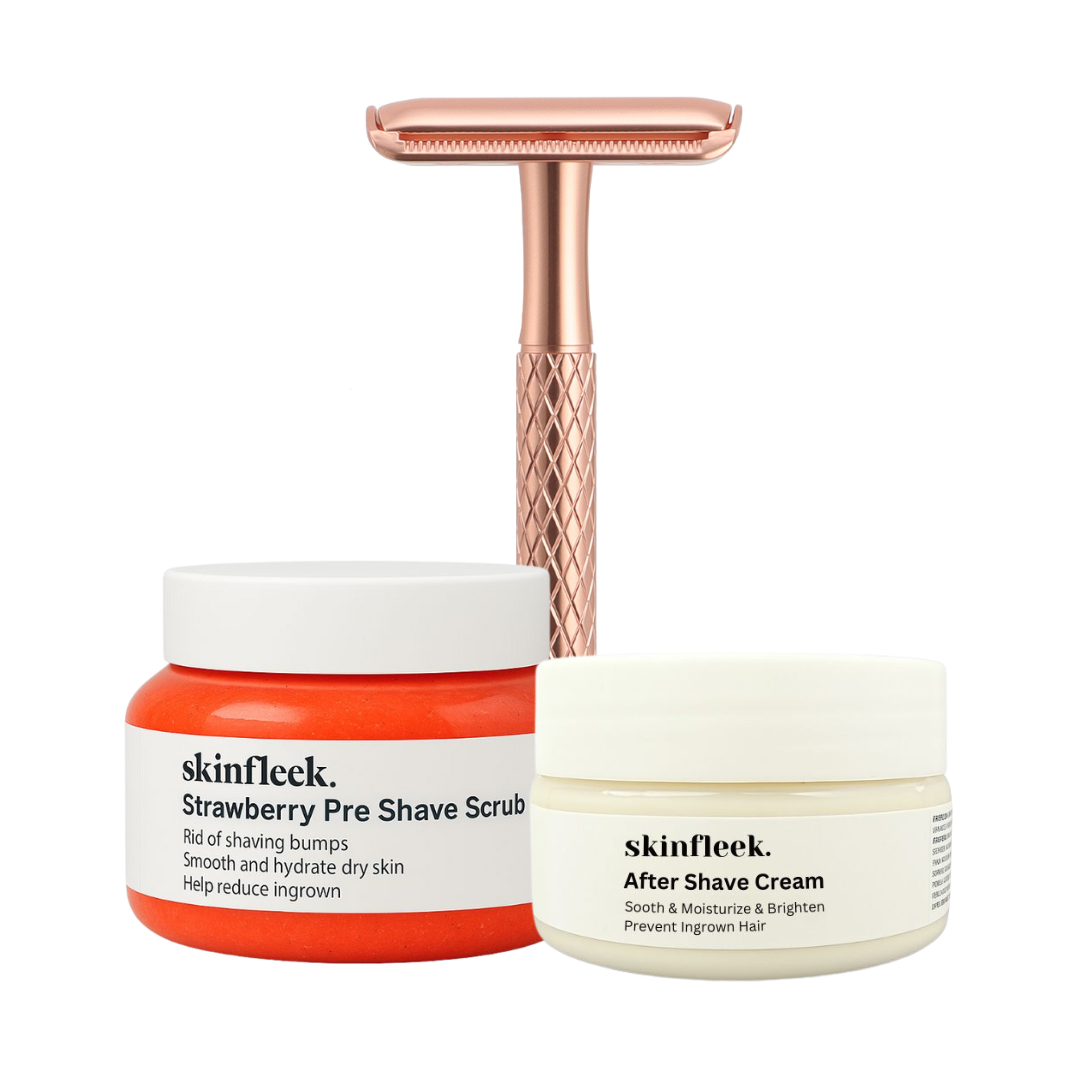 Shaving set with a razor, pre-shave scrub, and after-shave cream.