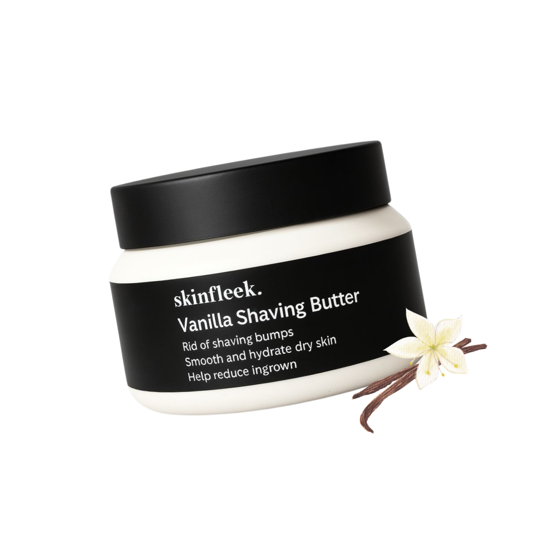 Jar of 'Vanilla Shaving Butter' with vanilla flower and pod decoration.