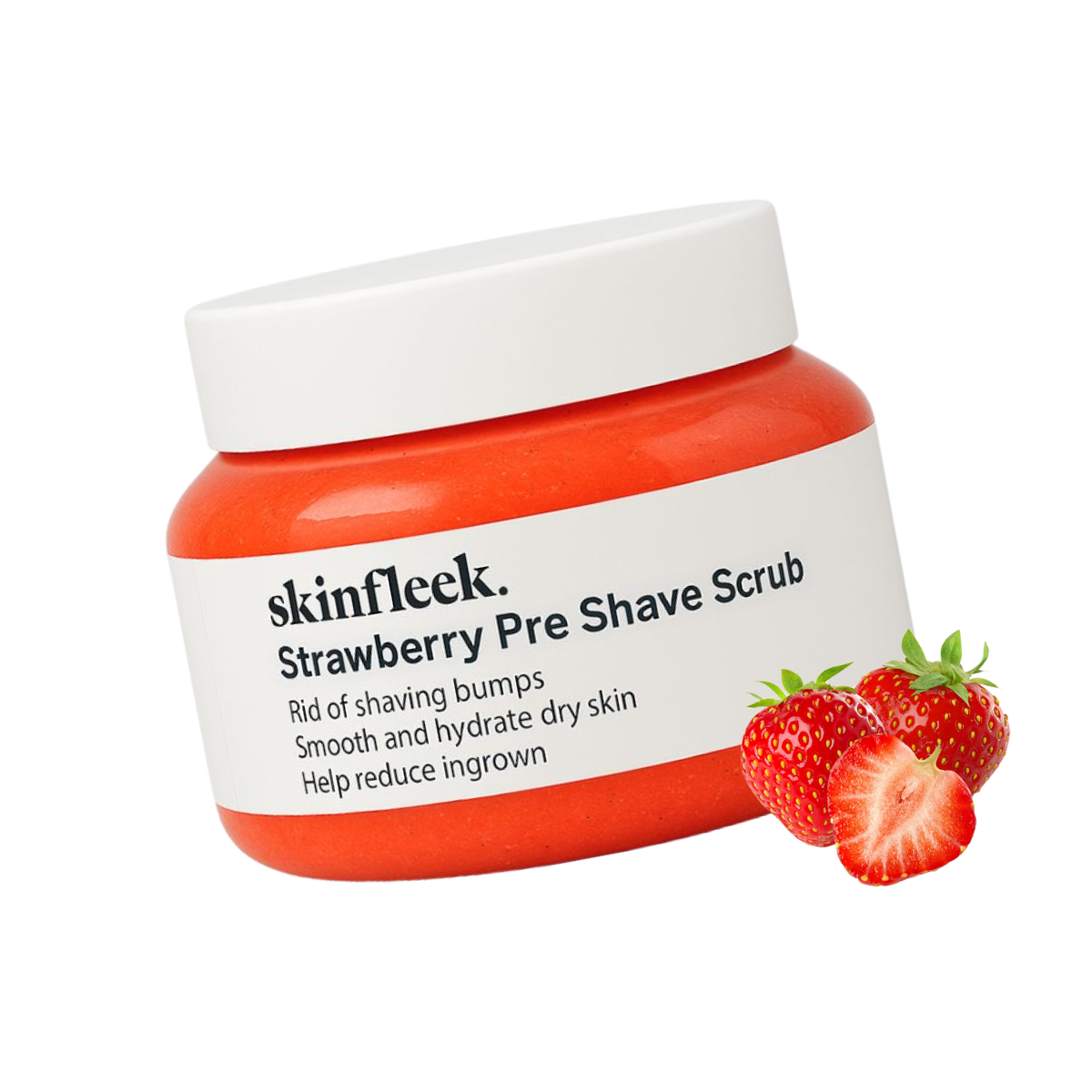 Jar of Skinfleek Strawberry Pre Shave Scrub with strawberries beside it.