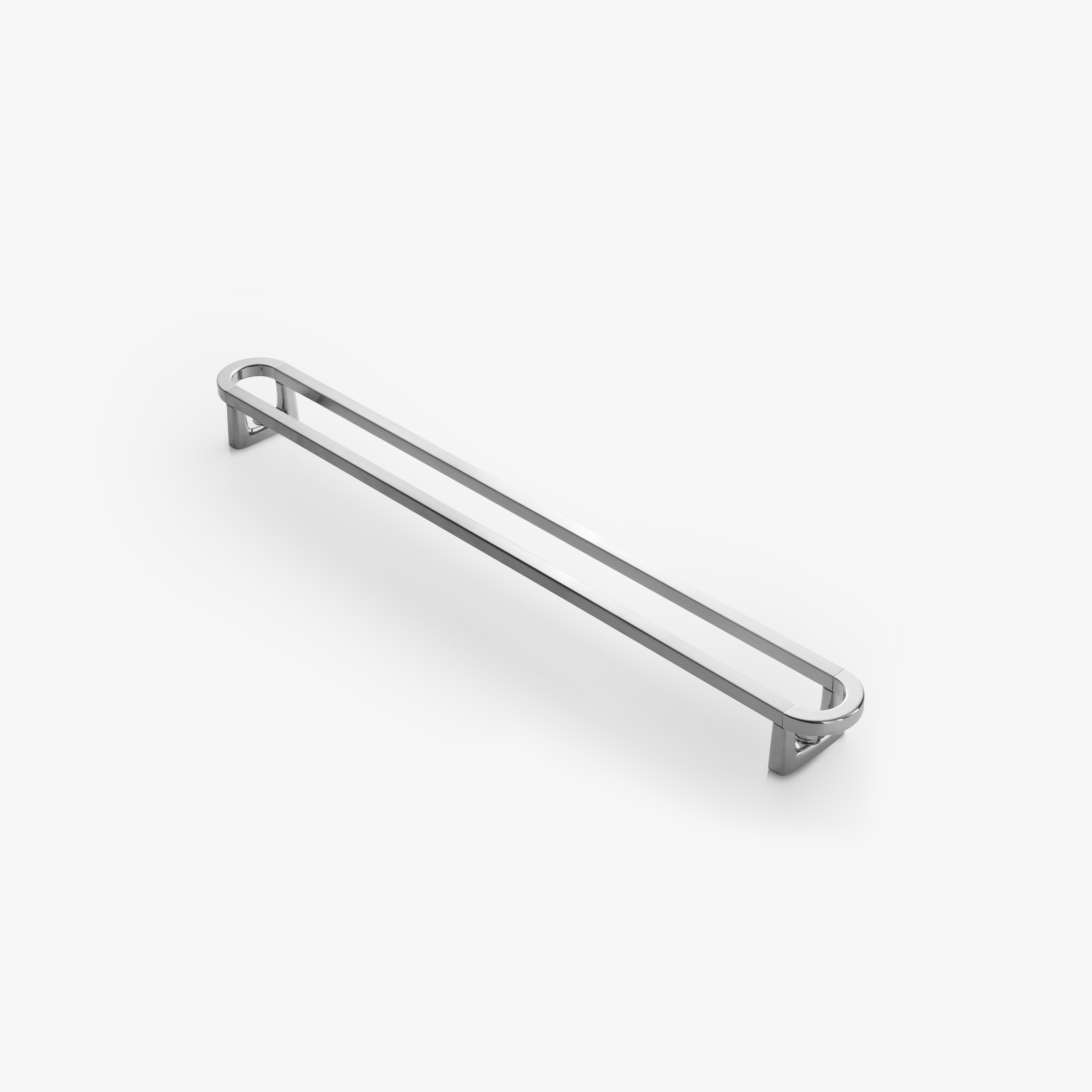 A long, silver, oblong cabinet or drawer handle with two posts on a white background.