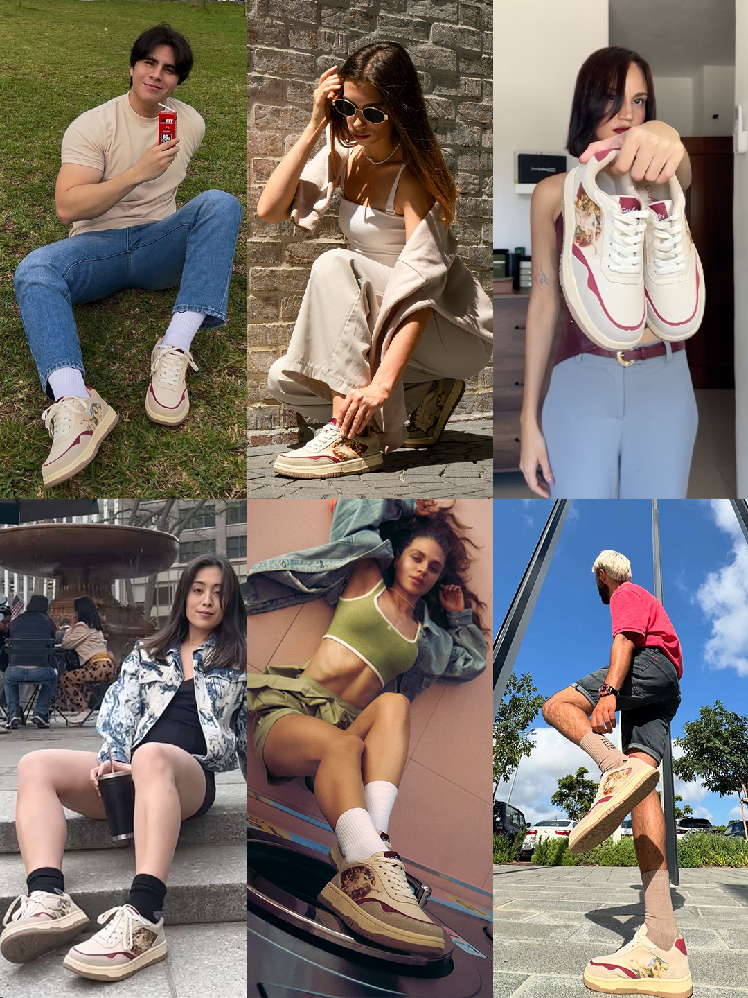Collage of six people wearing or holding stylish sneakers in various outdoor and indoor settings.