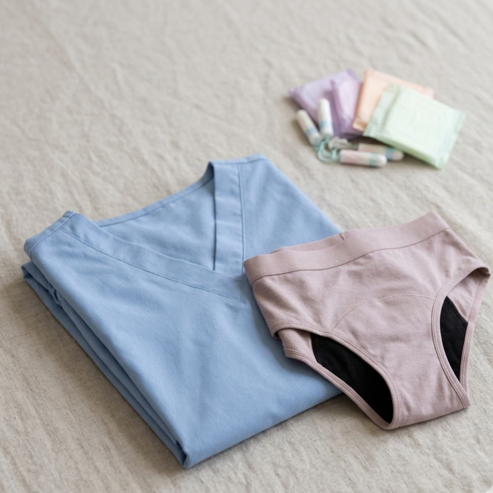 A blue scrub top, period underwear, tampons, and pads laid out on a textured surface.