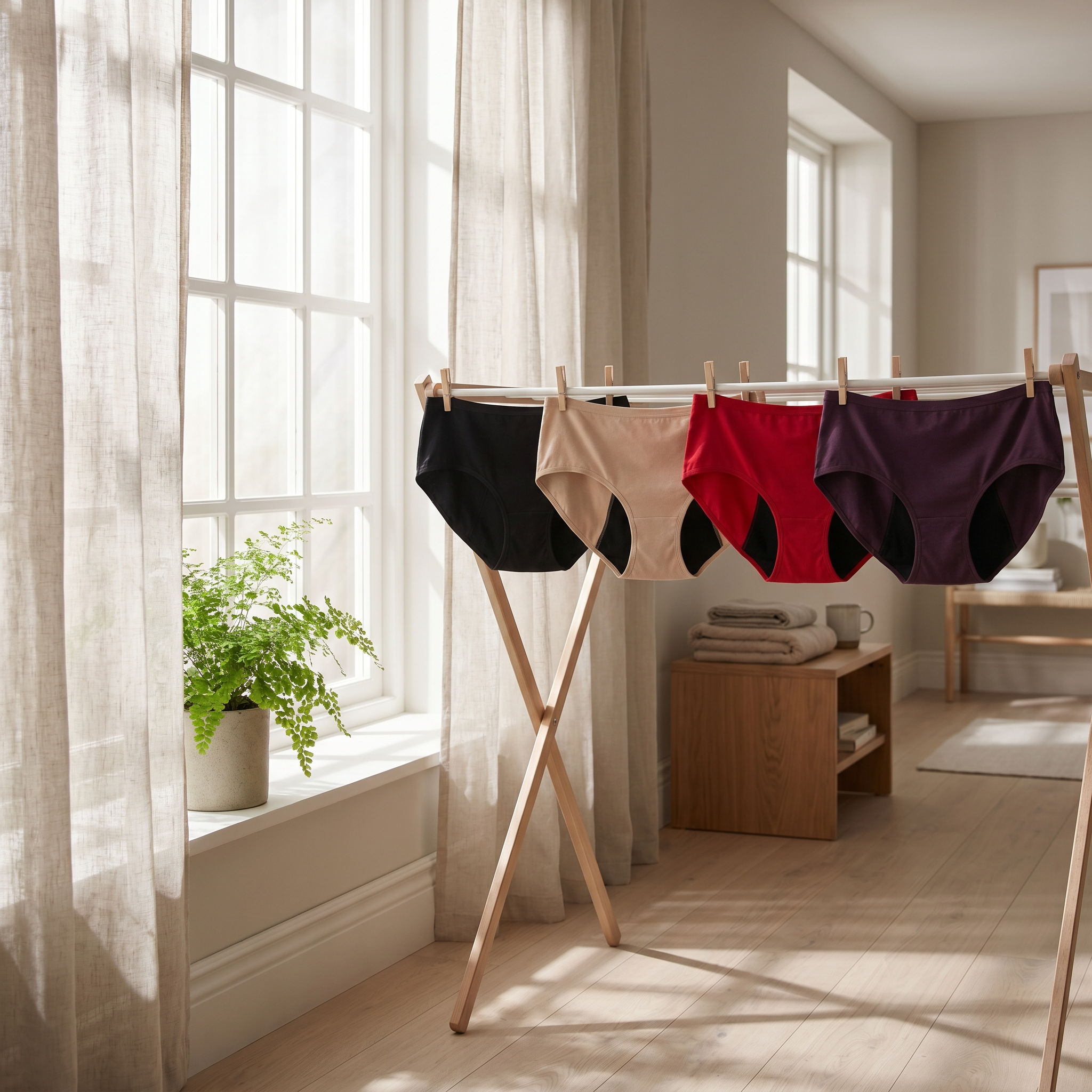 Four pairs of women's underwear in different colors hang on a wooden drying rack in a sunlit room.