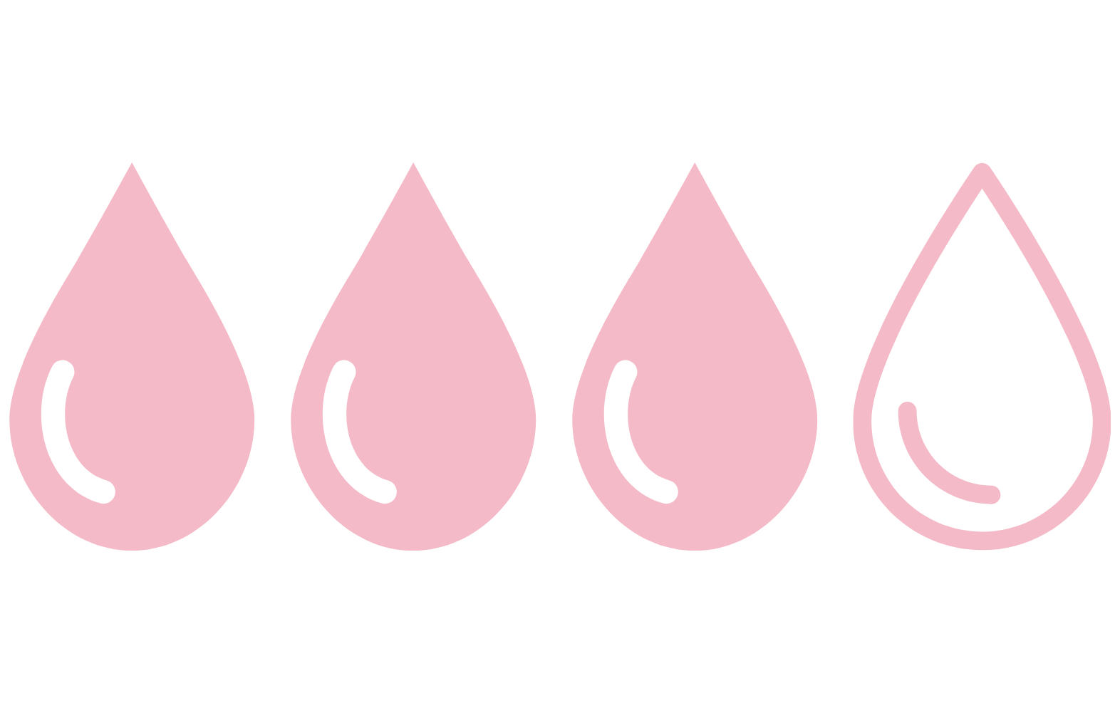 A row of four pink teardrop icons, three solid and the last one an outline, against a white background.