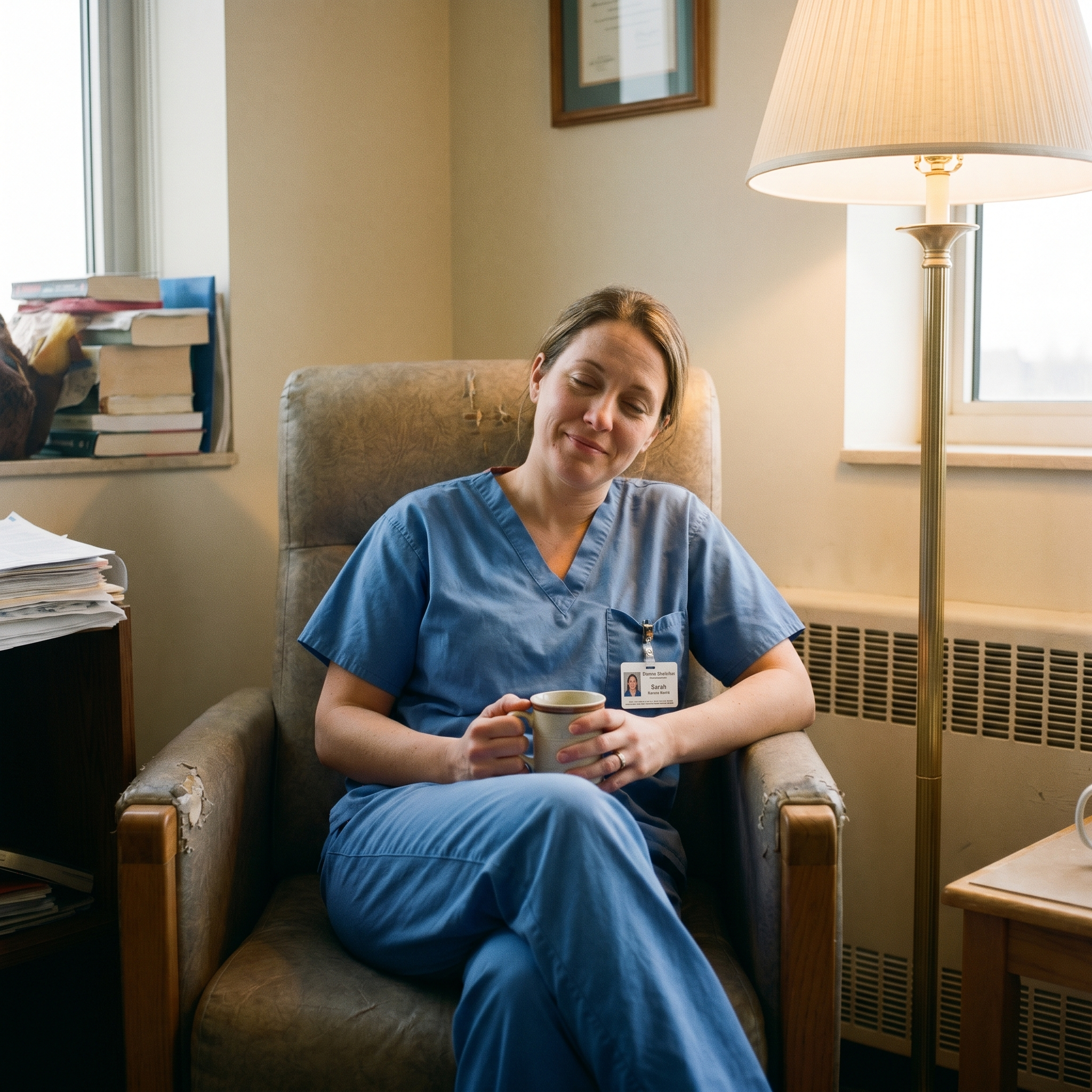 A woman in blue scrubs sits in an armchair with her eyes closed, holding a mug.