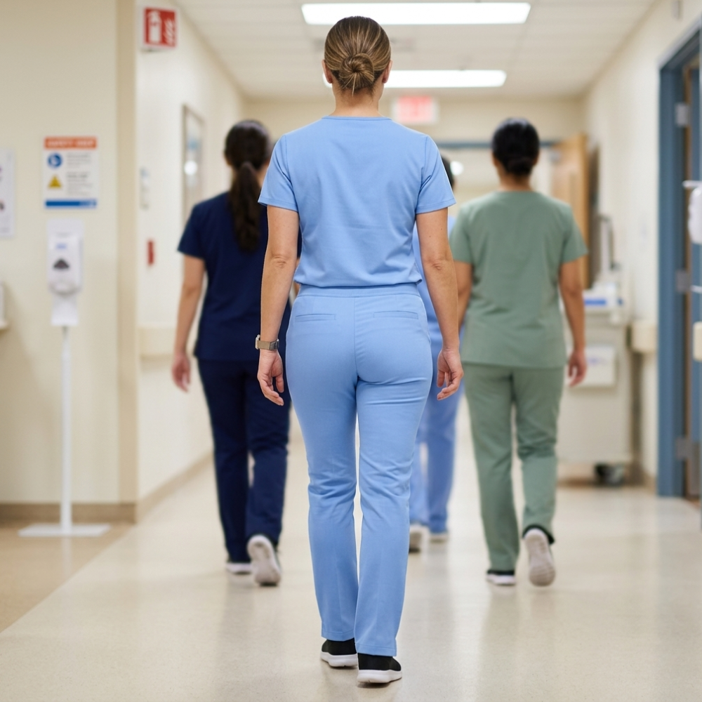 Rear view of four healthcare workers in scrubs walking down a brightly lit hospital corridor.