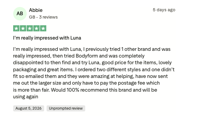 A screenshot of a five-star customer review for a brand named Luna, posted by a user named Abbie.