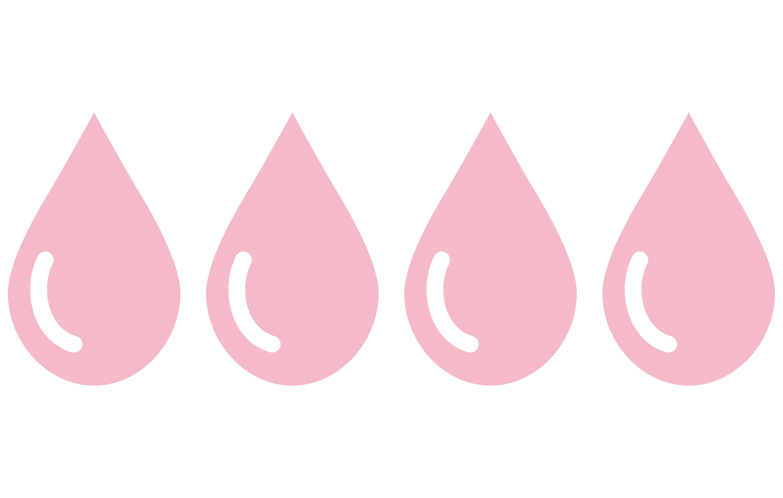 A graphic of four light pink drops with white highlights arranged in a row against a white background.