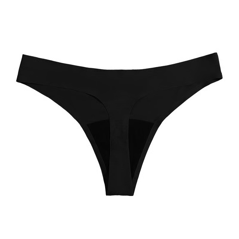 A pair of black thong underwear against a plain white background.
