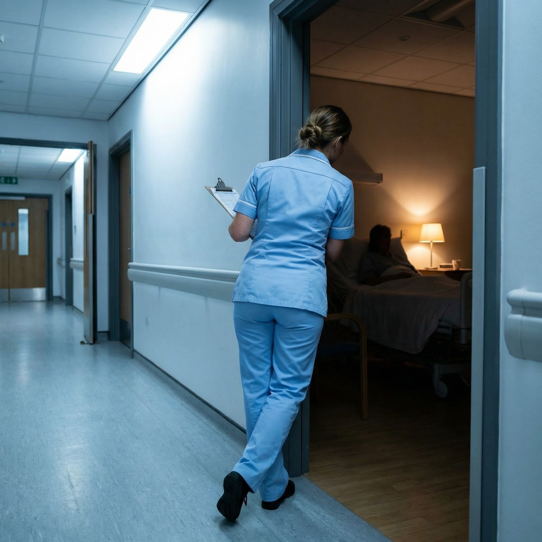 A nurse in blue scrubs stands in a hospital hallway, looking into a patient's room.