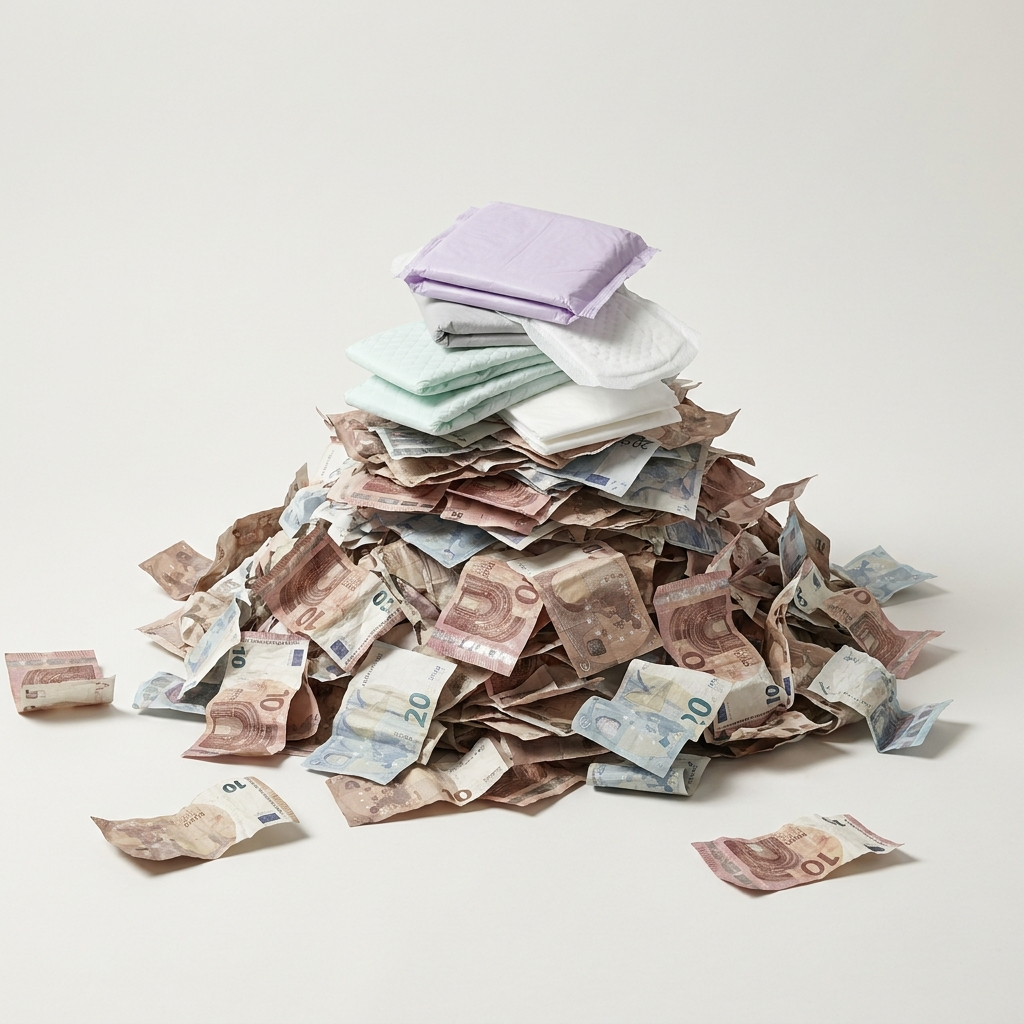 A stack of sanitary pads sits on top of a large pile of crumpled Euro banknotes.