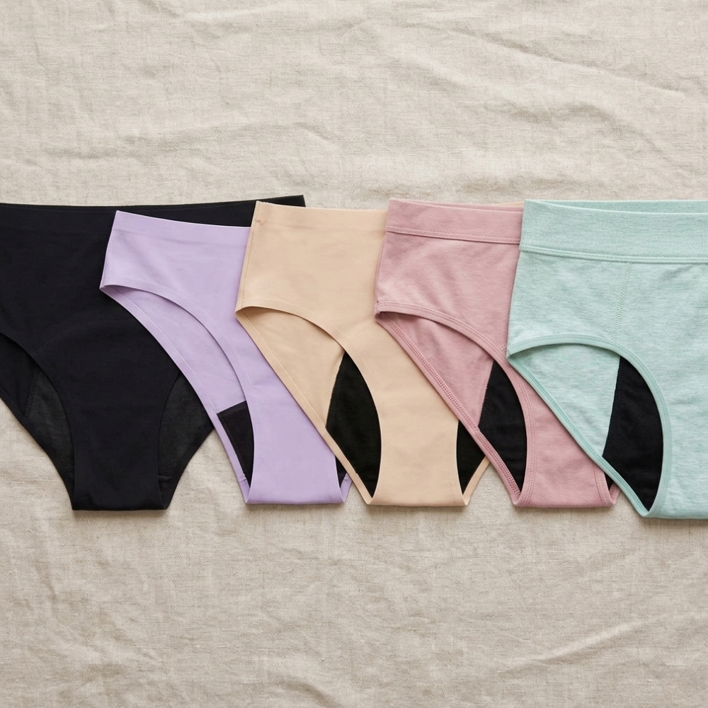 Five pairs of multi-colored period underwear are laid out in a row on a textured fabric surface.