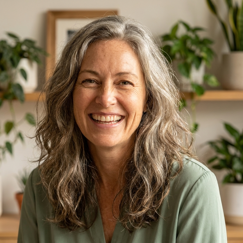 A headshot of a smiling woman with long, wavy gray hair, wearing a green shirt, with plants behind her.