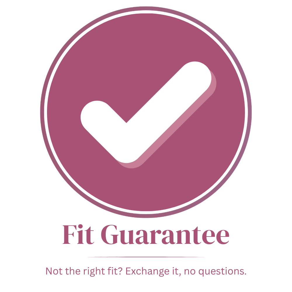 A white checkmark inside a purple circle with the text 'Fit Guarantee' written below it.