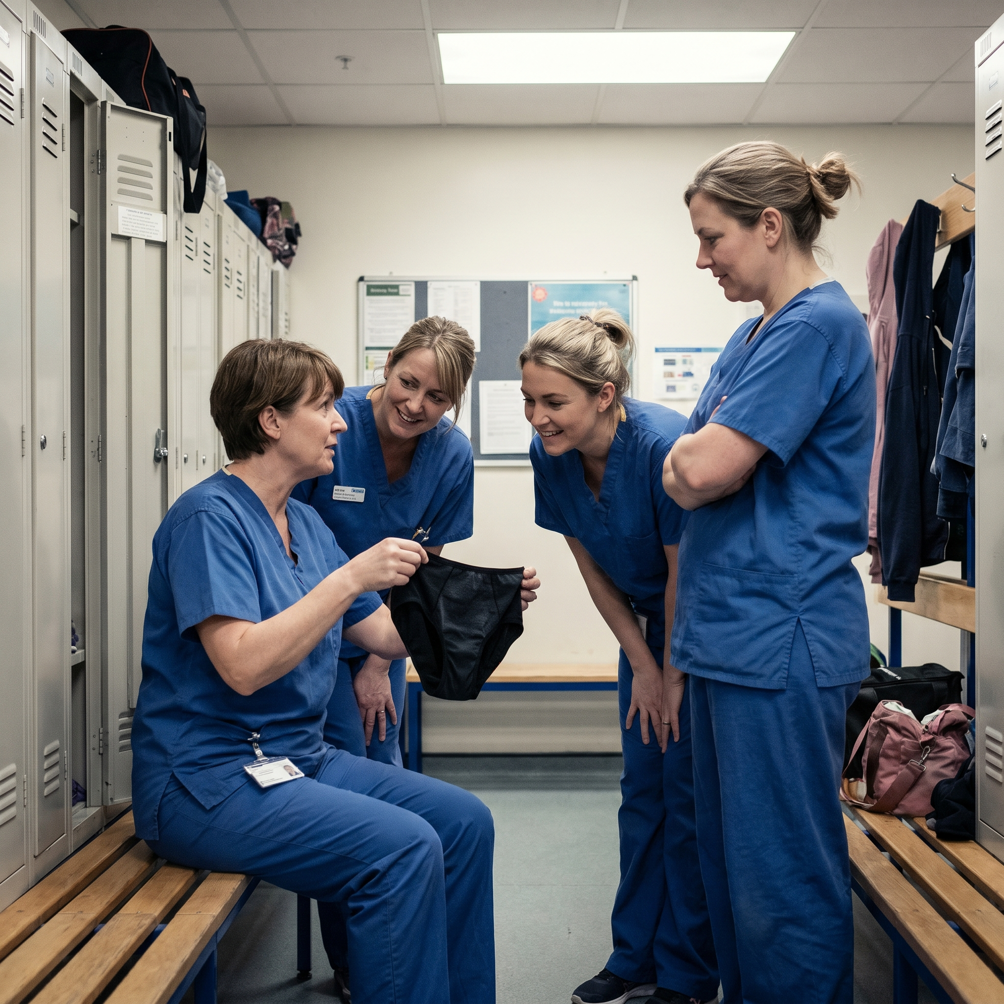 Four women in blue scrubs in a locker room looking at a pair of black underwear.
