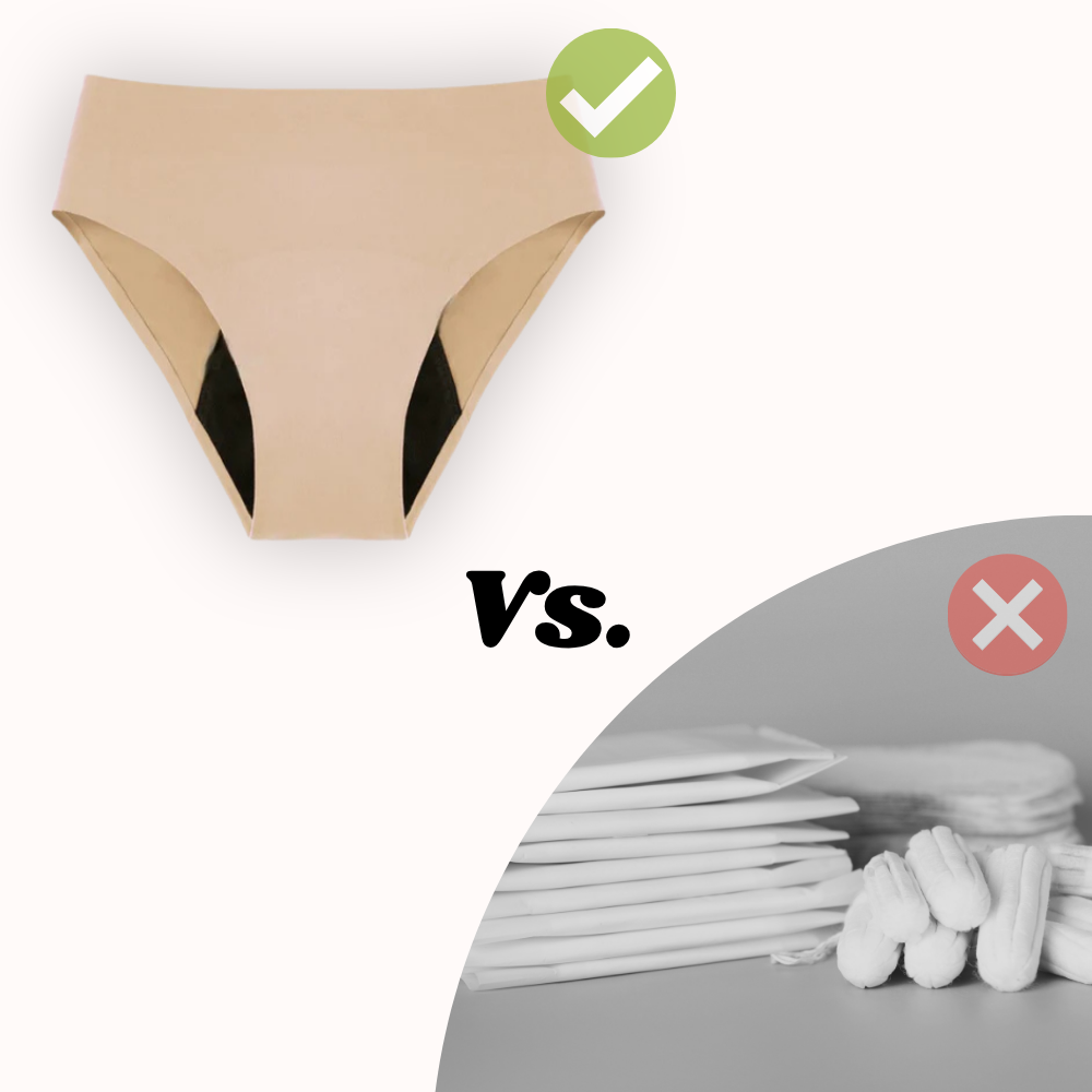 A comparison of period underwear with a green checkmark versus disposable pads and tampons with a red X.