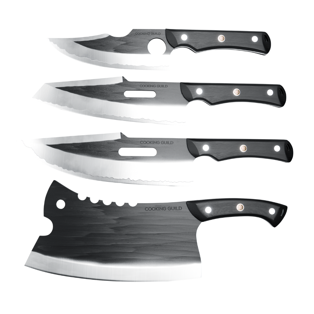 Four black-handled kitchen knives with different blade shapes on a white background.