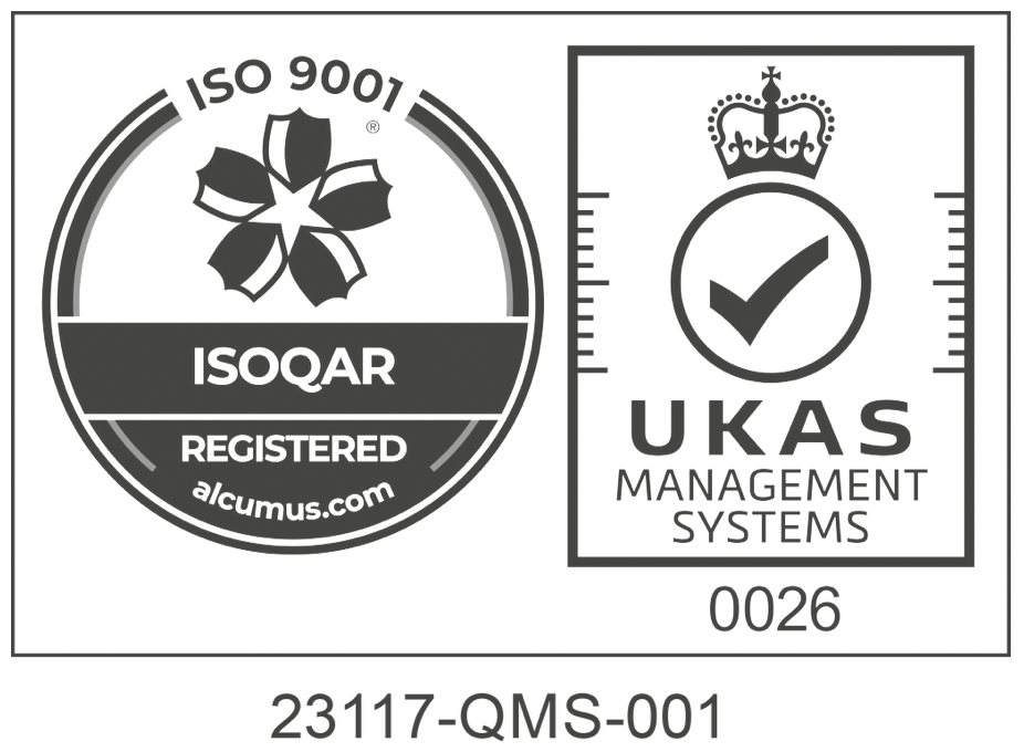 ISO 9001 logo with UKAS Management Systems mark.