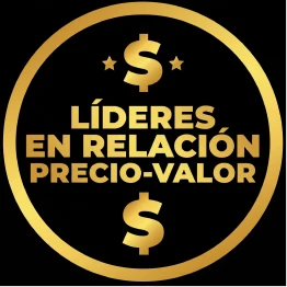 A gold emblem on a black background with the Spanish text 'Líderes en Relación Precio-Valor' and dollar signs.