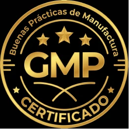 A gold circular seal for GMP certification in Spanish, reading 'Buenas Prácticas de Manufactura' and 'Certificado'.