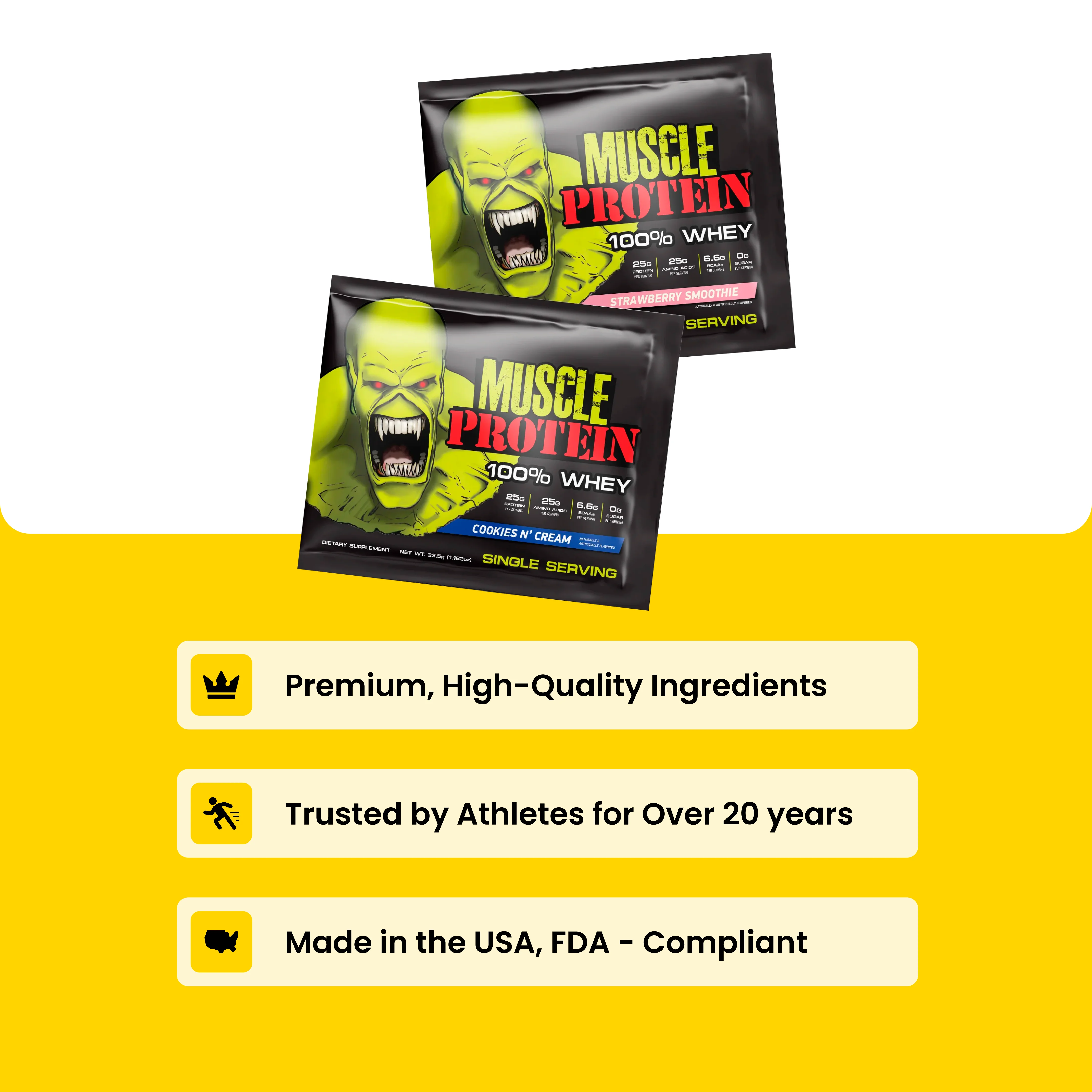 Two packets of Muscle Protein with a green muscular character on the packaging.