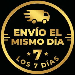 A gold seal in Spanish that says 'Envío el mismo día los 7 días' (Same day shipping 7 days).