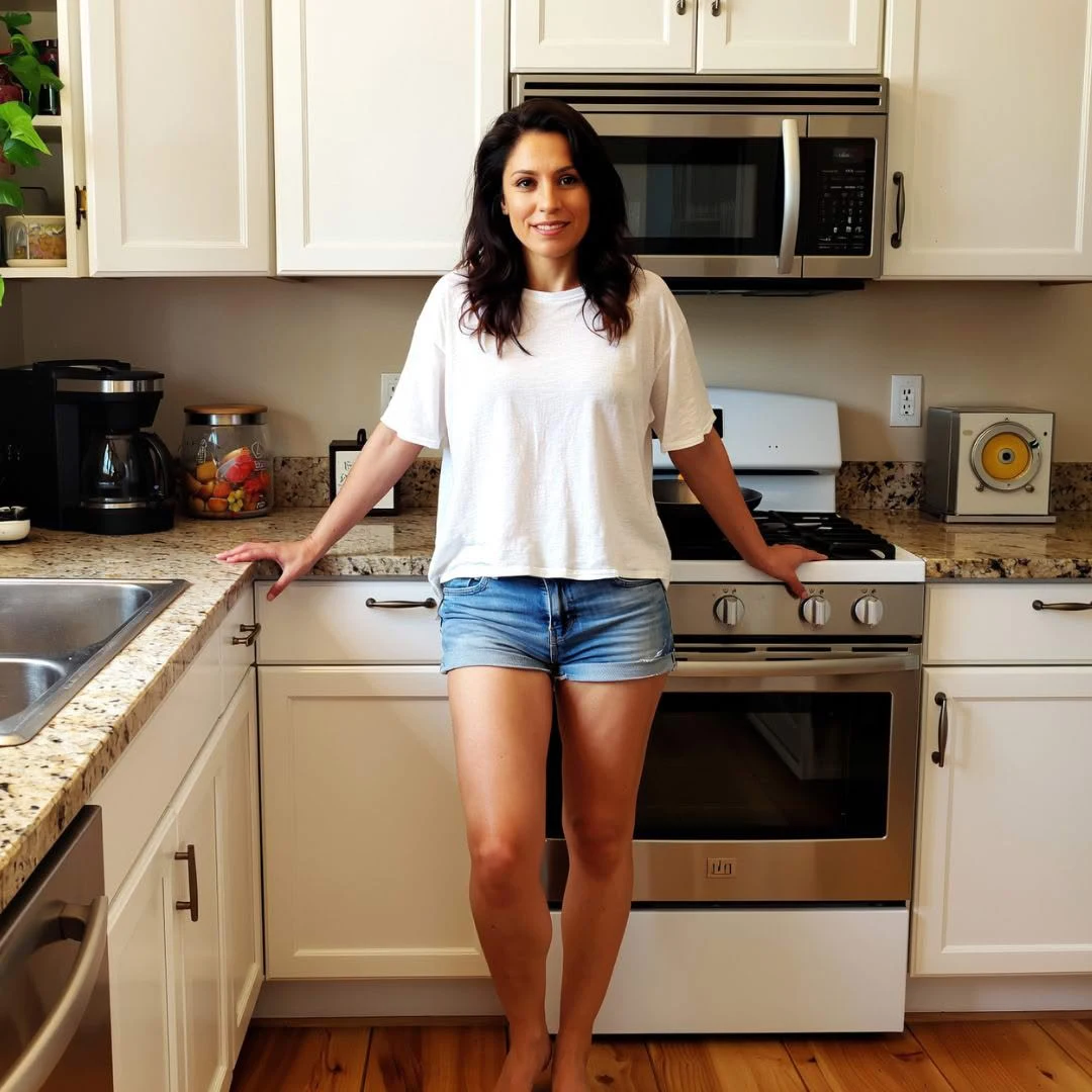 A woman in a white t-shirt and denim shorts stands smiling in a kitchen.