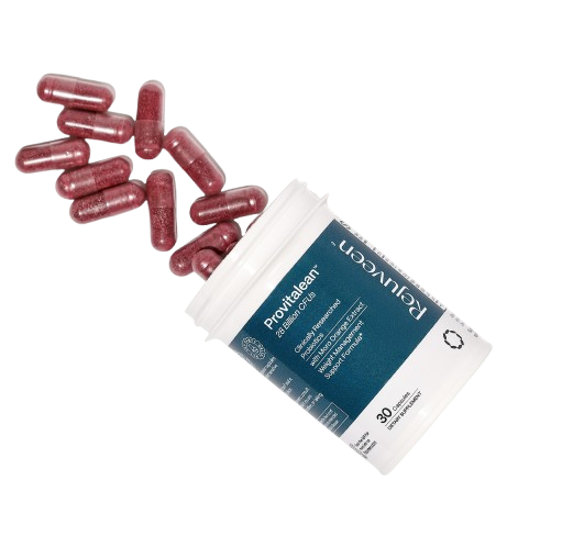 Capsules spilling from a white and blue container against a white background.