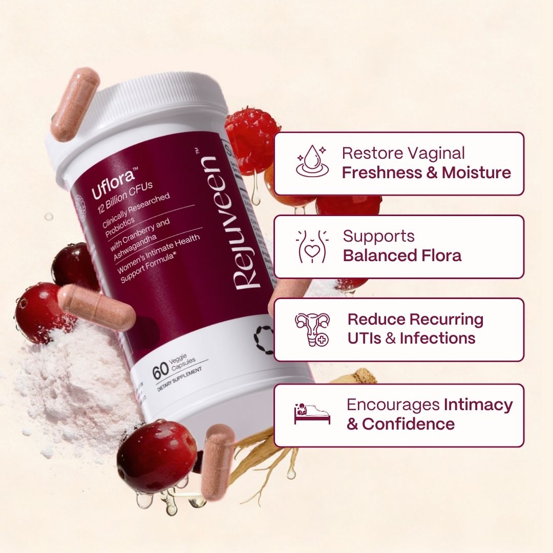A bottle of Rejuveen Uflora supplements surrounded by capsules, cranberries, and a list of its benefits.