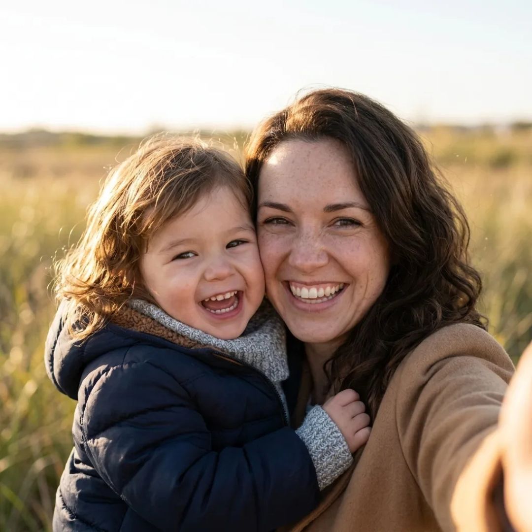 A smiling woman and a young child taking a selfie together outdoors in a grassy field.