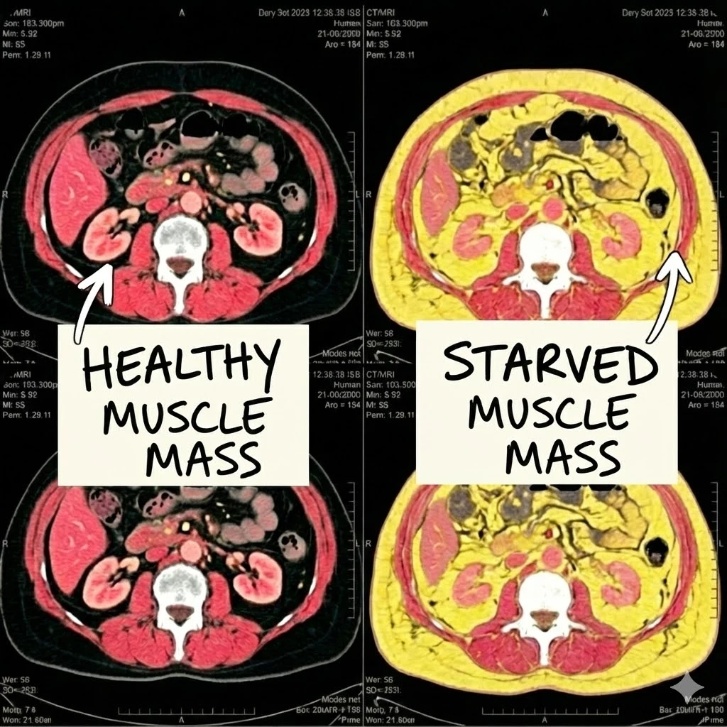 A side-by-side comparison of abdominal medical scans labeled 'Healthy Muscle Mass' and 'Starved Muscle Mass'.