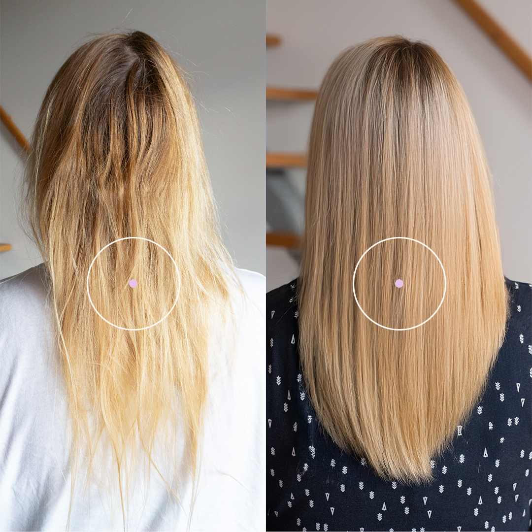 Before and after hair treatment comparison, showing frizzy then smooth blonde hair.