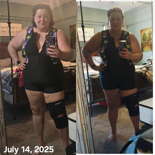 Two side-by-side mirror selfies of a person in a room, wearing a black outfit with knee support.