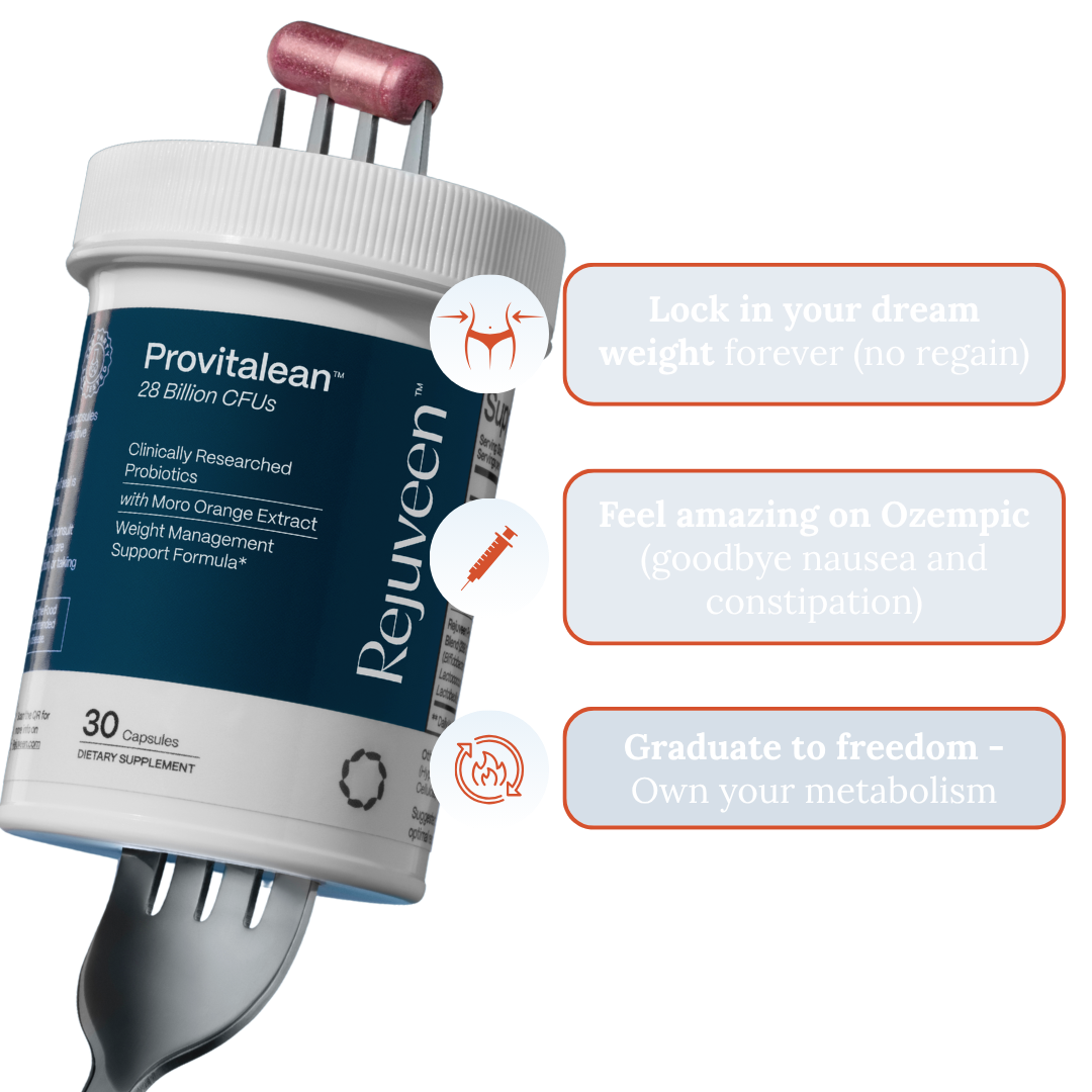 Dietary supplement bottle with capsules, a halved orange, and labeled benefits.