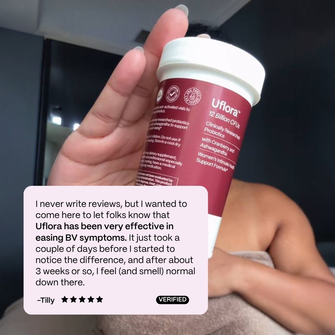 A person holds a bottle of Uflora probiotics with an overlay of a positive customer review.
