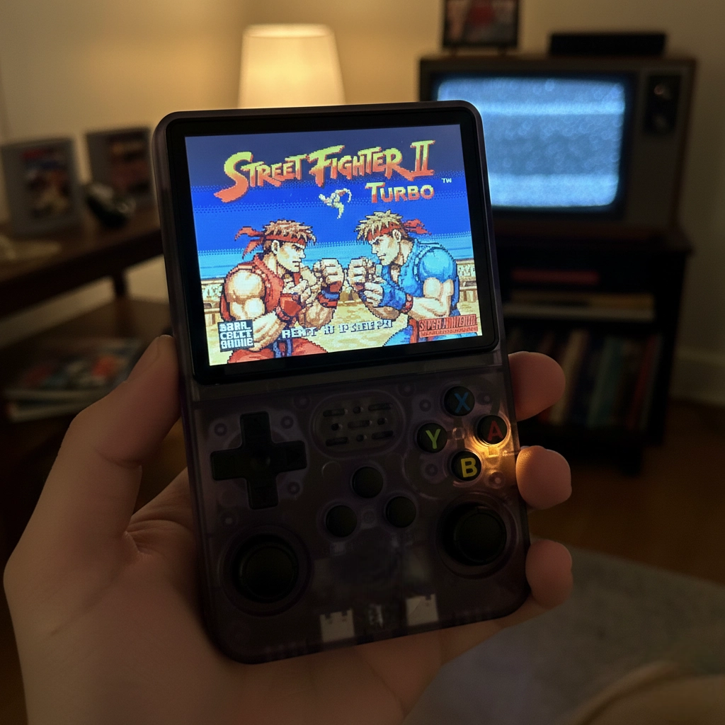 Hand holding a retro gaming device displaying Street Fighter II Turbo game.