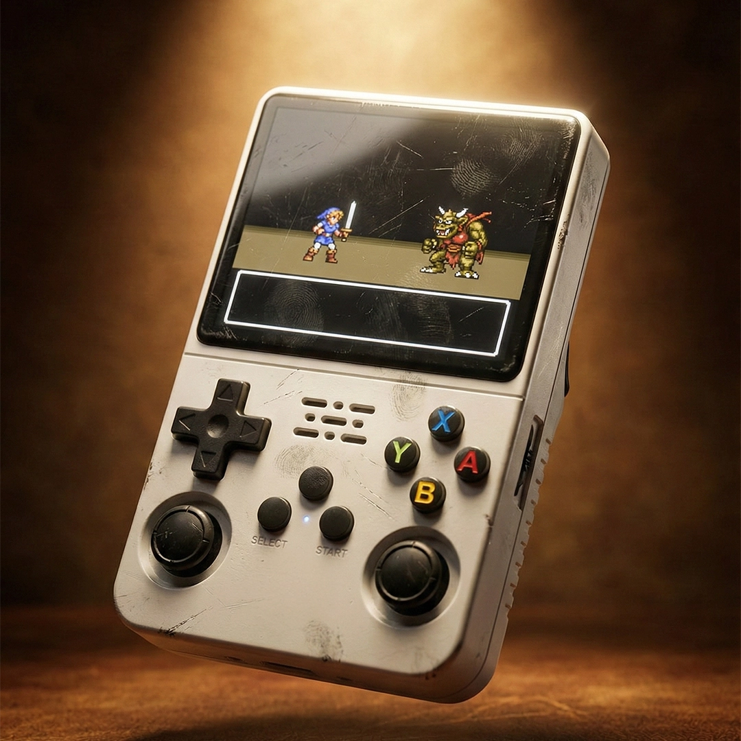 Portable retro gaming console displaying a character battle on screen.