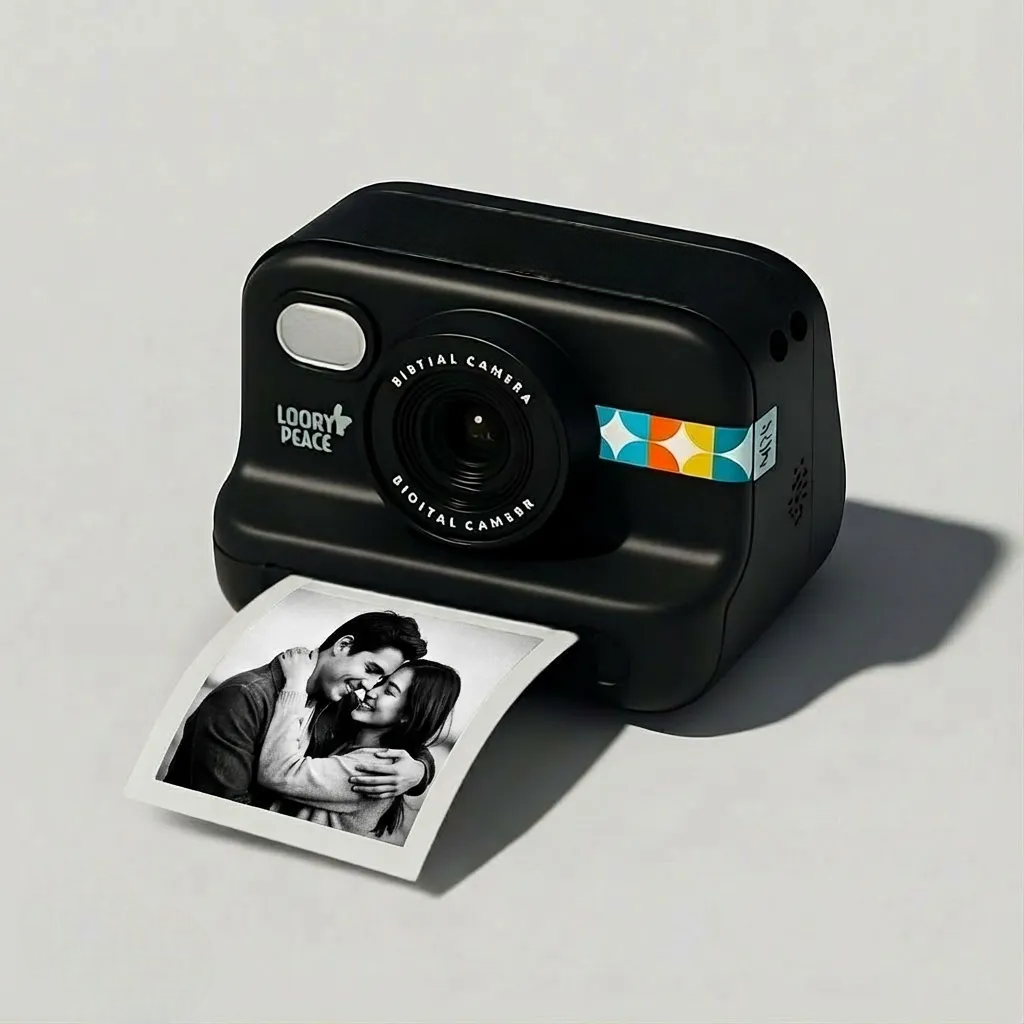 Black camera printing a black-and-white photo of a couple hugging.