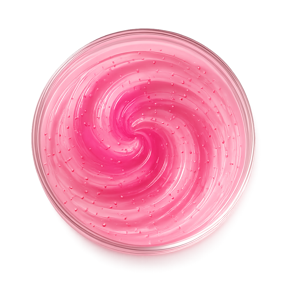 A top-down view of a clear dish containing swirled, bubbly pink gel on a white background.