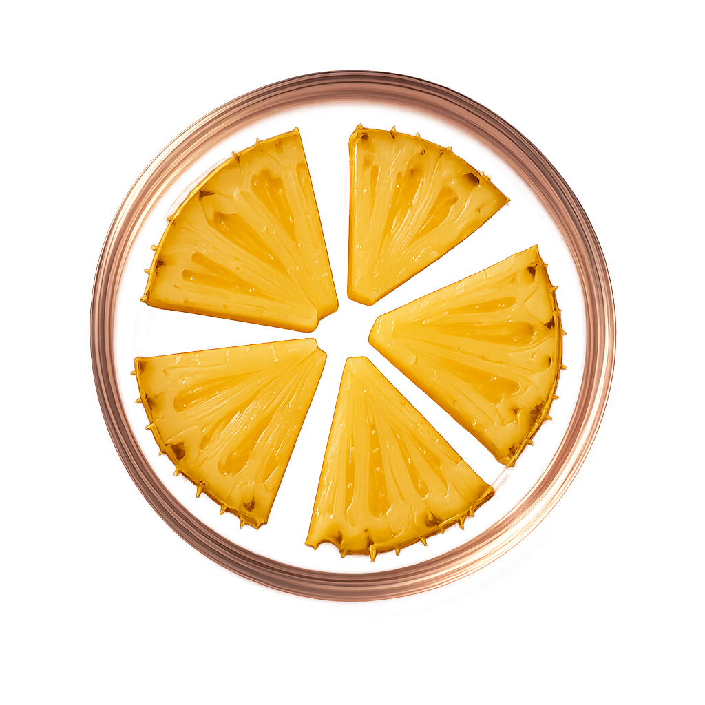 An overhead view of six pineapple wedges arranged in a circle on a clear plate.
