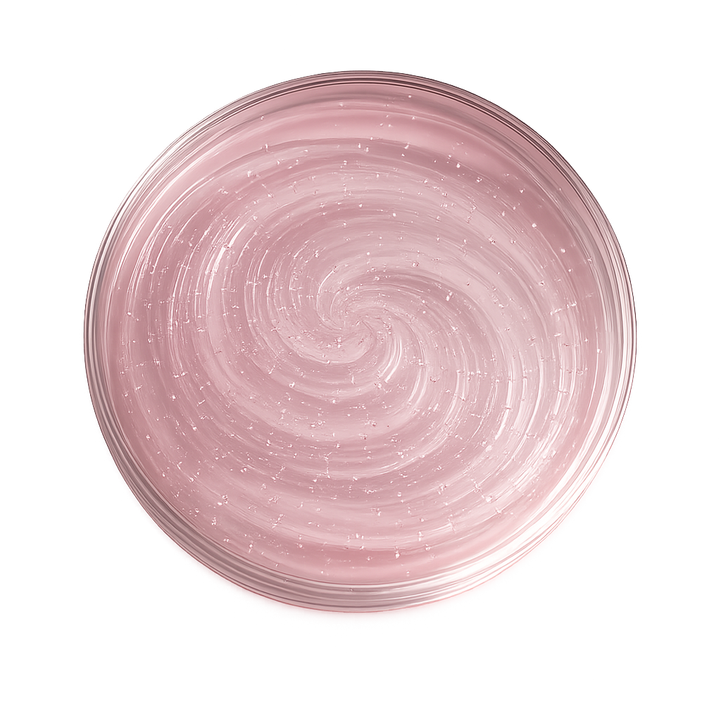 A top-down view of a swirled pink glitter gel in a petri dish on a white background.