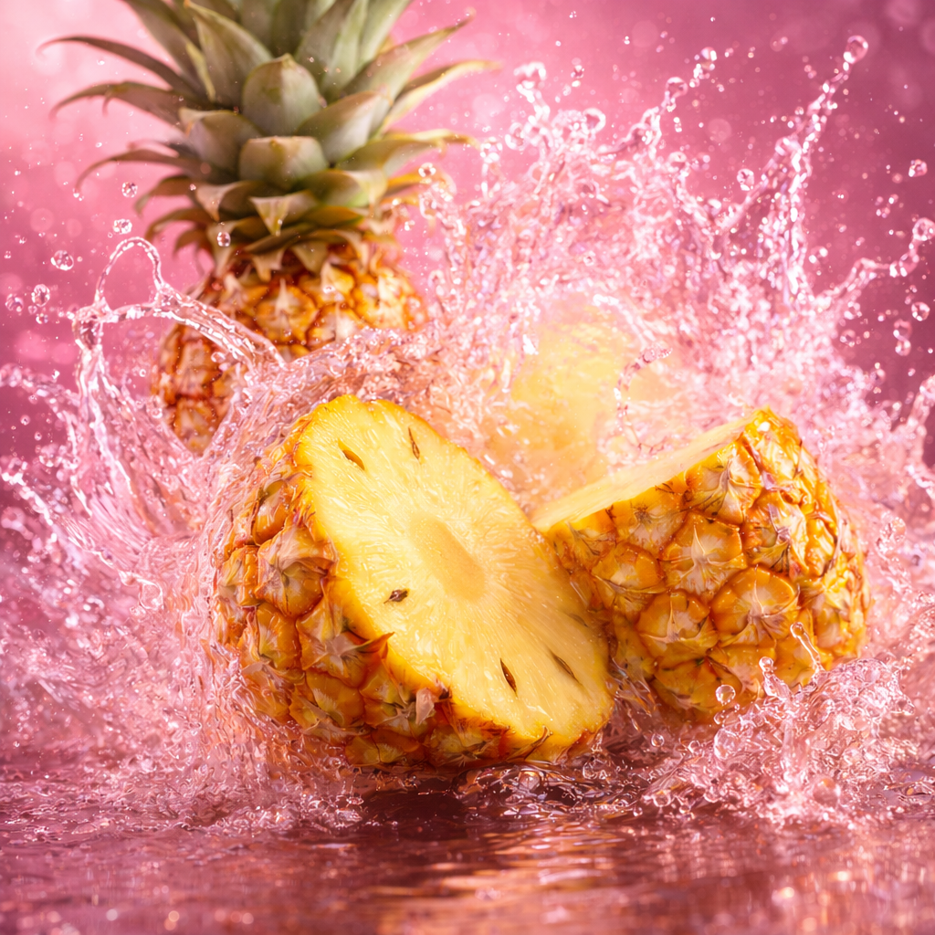 A pineapple cut in half creates a large splash in pink-tinted water against a pink background.