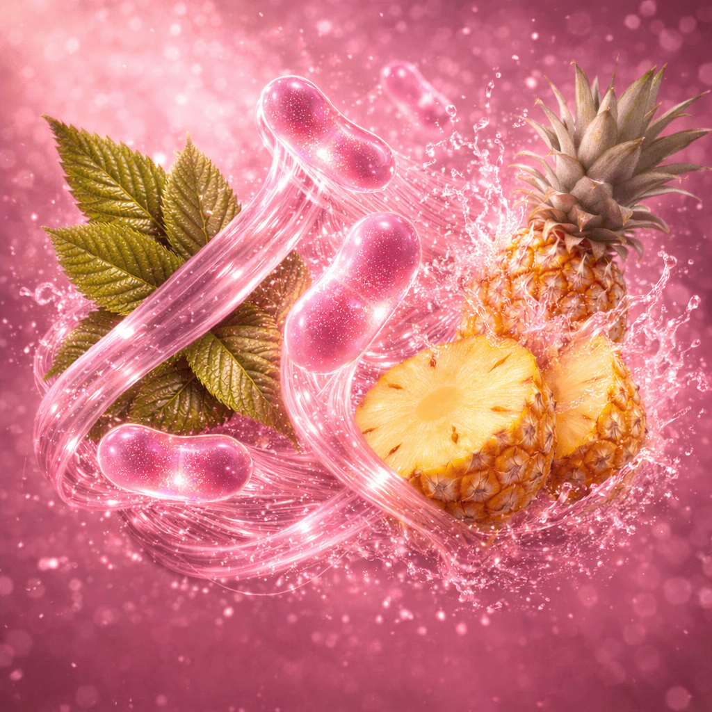 An artistic rendering of pineapples, mint leaves, and pink capsules in a sparkling pink liquid splash.