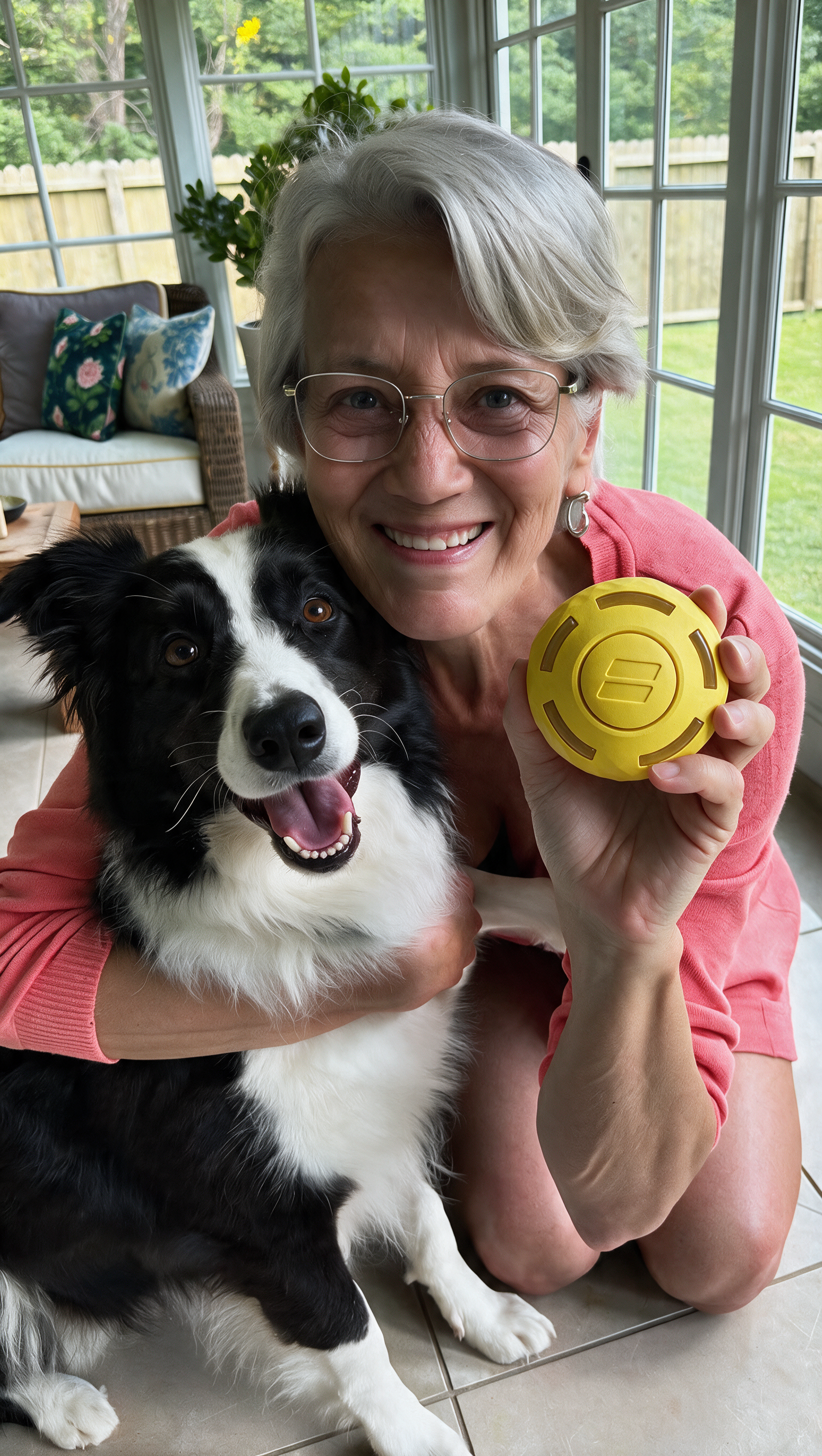 A smiling woman hugs a black and white dog while holding a yellow circular object.