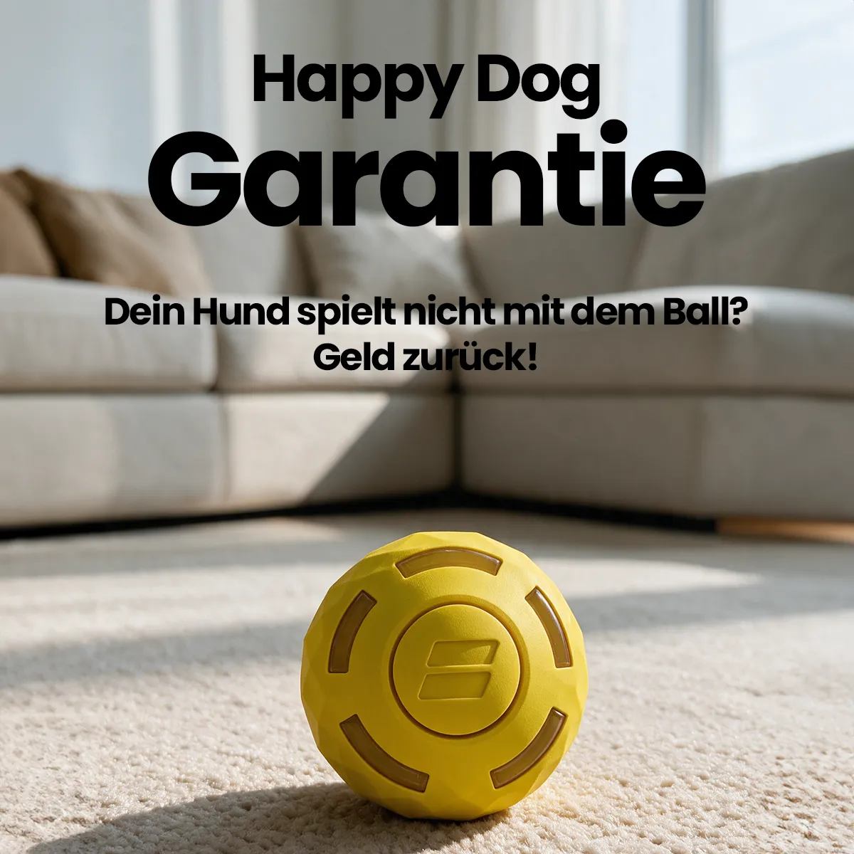 A yellow dog toy ball sits on a light-colored carpet in a living room with German text overlay.